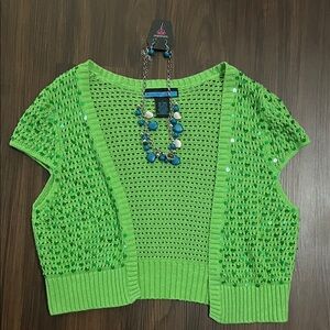 Lime Green Sequin Shrug & Teal Necklace and Earring Set Bundle